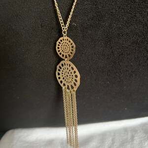 Long Gold Double Tassel Pendant Necklace Vintage Filigree Scroll Openwork